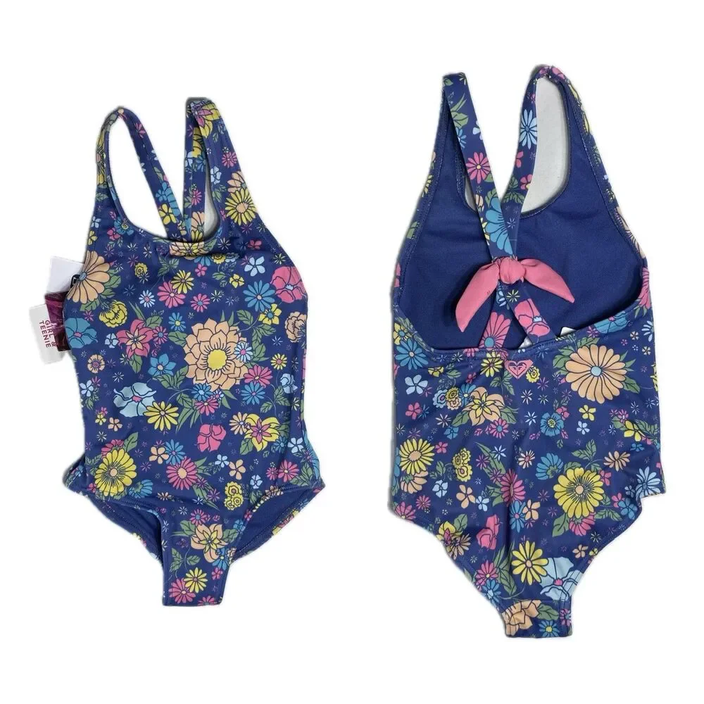 NWT Roxy Baja Baby Girls 3T One Piece Swimsuit Navy Floral Bijou Blue Bow Back